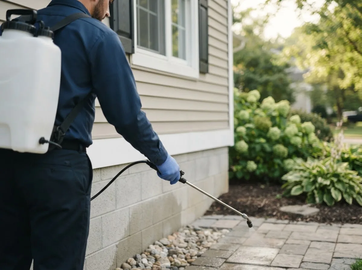 Pest control technician inspecting a home in Sanford, TX